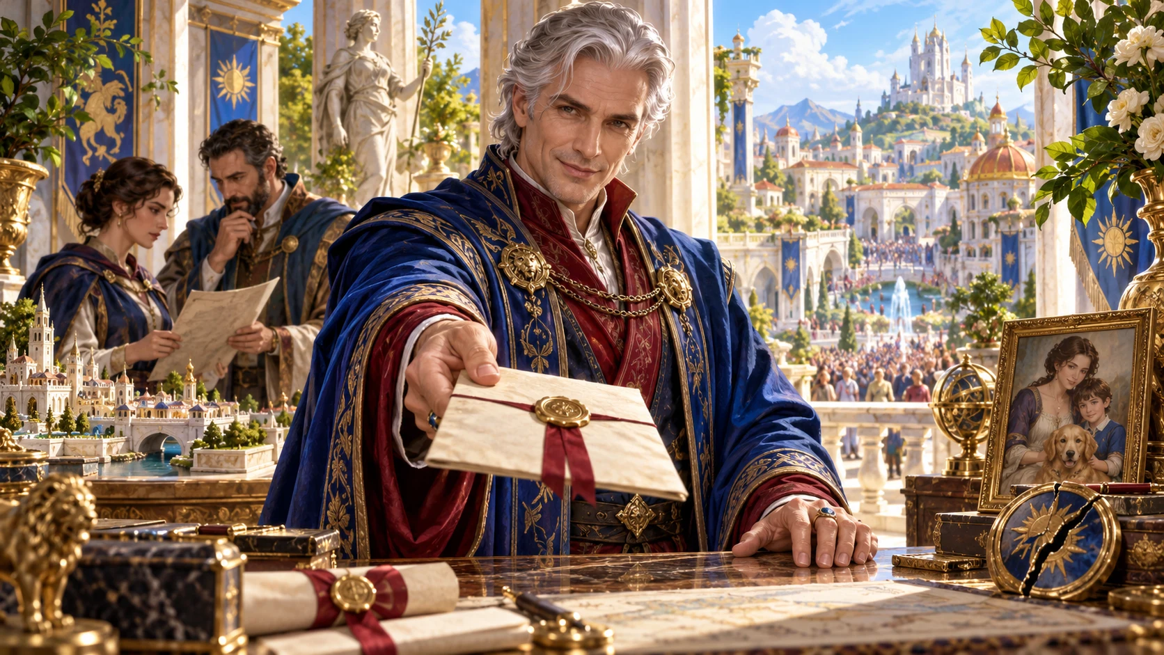 Fantasy illustration of a public patron offering a sealed letter beside advisors, a city map and family portrait