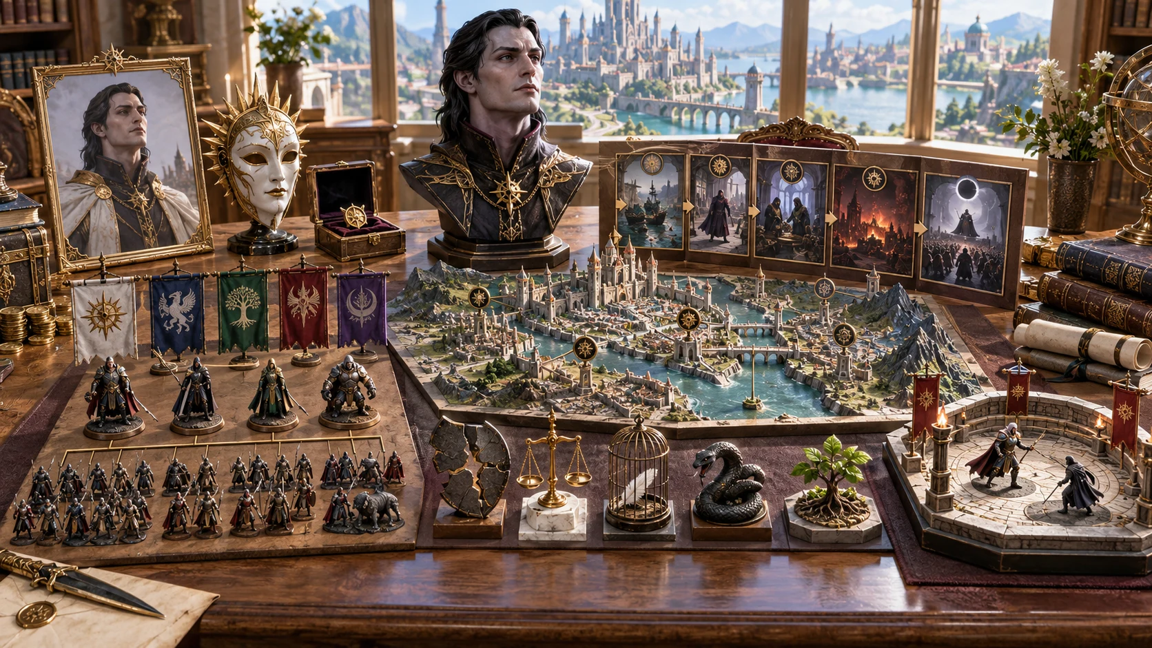 Fantasy illustration of an antagonist portrait, mask, campaign miniatures and possible outcomes